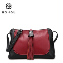 HONGU Genuine Cow Leather Women Shoulder Crossbody Bag Retro Tassels  Color Patchwork Female Messenger Bags Chain Hand Bag bolso