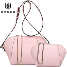 HONGU Composite Bag Genuine Cow Leather Women Shoulder Bags Fashion Solid Shell Women's Kit Bags Female Crossbody + Clutch Bag